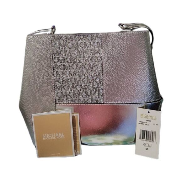 NWT~MICHAEL KORS Pratt Medium Studded Metallic Patchwork Sig Logo Shoulder Bag - Picture 3 of 7